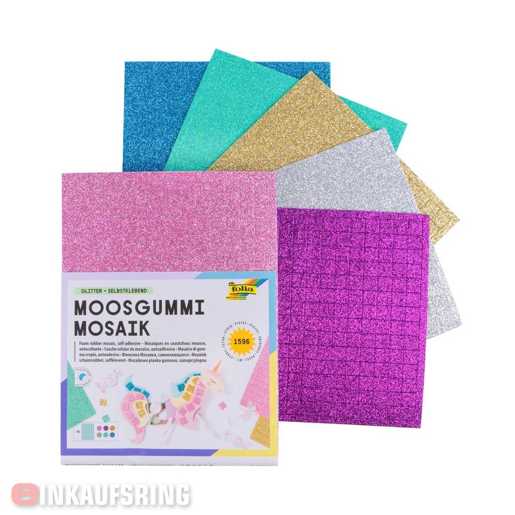 Glitter-Moosgummi MOSAIK vorgestanzt, 15x20cm 1.596 Teile in 6 Farben sortiert