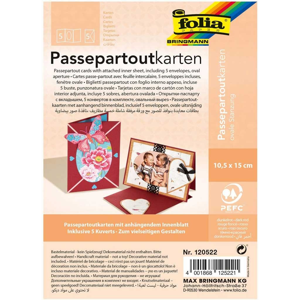 Passepartouts 220g/m², ovale Stanzung 10,5x15cm,5 Karten+Kuverts, dunkelrot